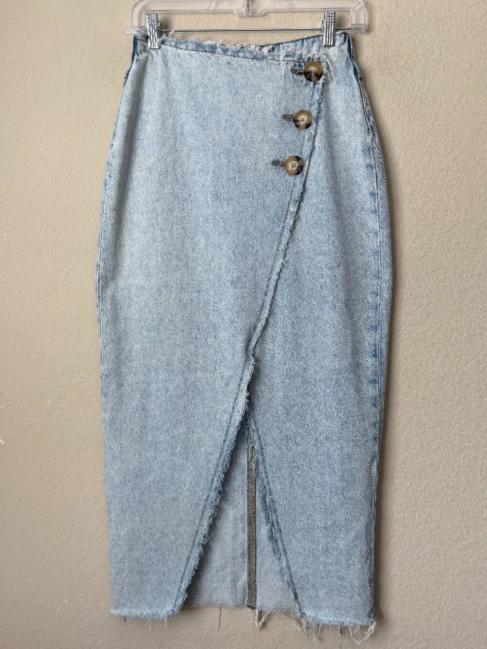 Zara Light Wash Front Slit Midi Length Denim Skirt Boho 90s